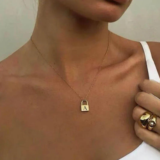 Stainless Steel Lock Pendant Necklace – A–Z Initial Capital Letter Jewelry for Women