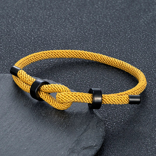 MKENDN Adjustable Knot Rope Bracelet – Black Stainless Steel Charm Bangle for Men