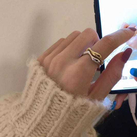 VENTFILLE 925 Sterling Silver Wave Ring – Irregular Golden Stackable Adjustable Ring for Women