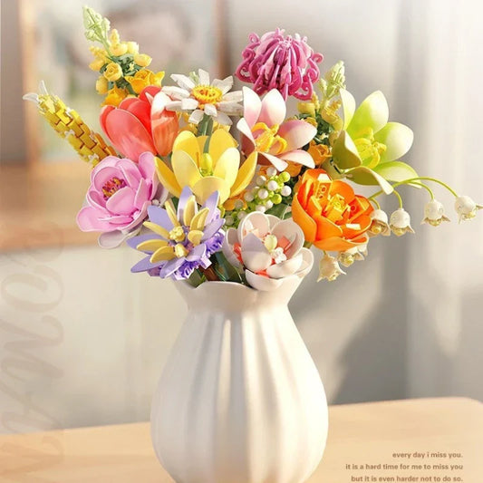 MOC Eternal Artificial Flower Bouquet – Sunflower, Rose & Tulip Building Blocks Set