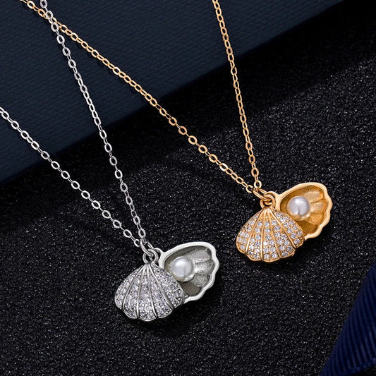 Summer Crystal Zircon Shell & Imitation Pearl Pendant Necklace – Beach Collar Jewelry for Women